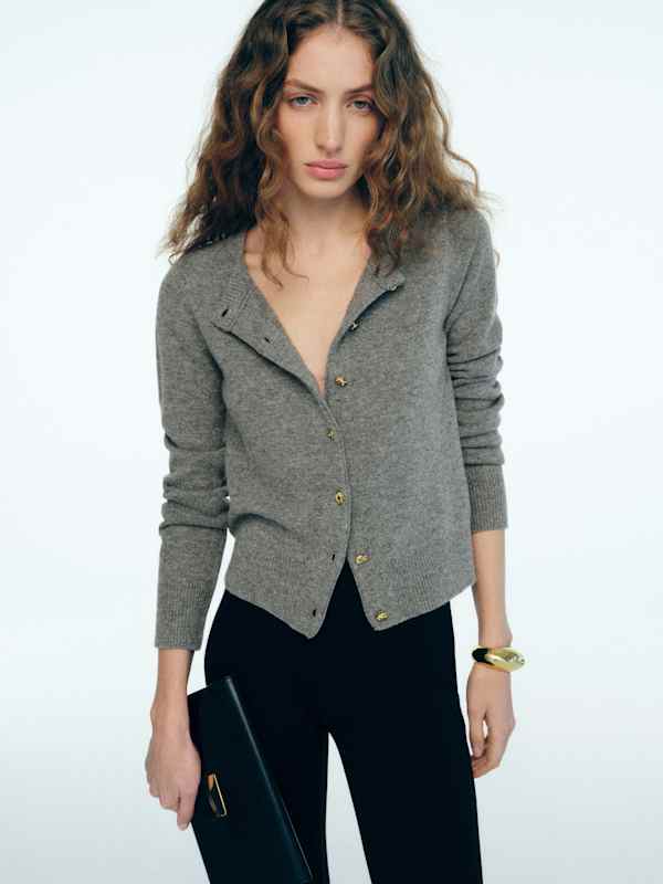Hannah Crew Cardigan - Mid Grey Gold Buttons
